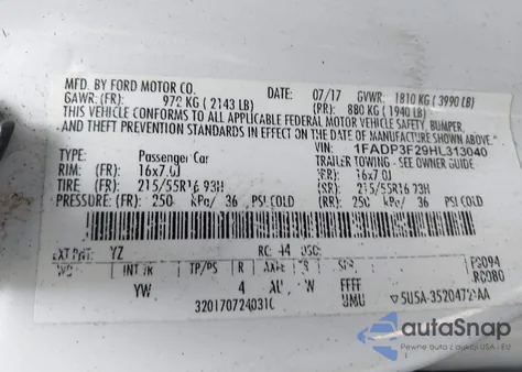 2017 Ford Focus Se from USA, damaged, VIN 1FADP3F29HL313040